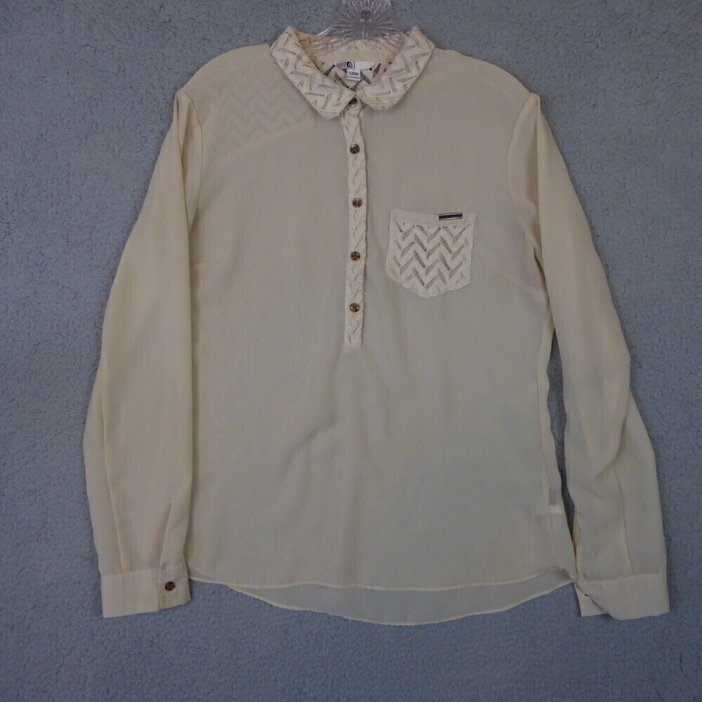 VOLCOM Blouse Women's Large Ivory Lace Long Sleeve Button Down Shirt Sheer